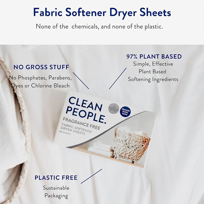 The Clean People Fabric Softener Sheets - Dryer Sheets - Softens & Removes Static Cling - Vegan Laundry Softener, Fragrance Free - Unscented, 120 Pack