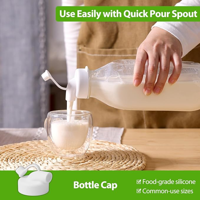 CUCUMI Moretoes 32 Oz Glass Milk Bottle with Reusable Strong Airtight Screw Lid, Reusable Glass Juice Bottles, Water Jug Breast Milk Pitcher, Buttermilk, Nut, Juice, Syrup, Coffee Creamer (4 Pack)