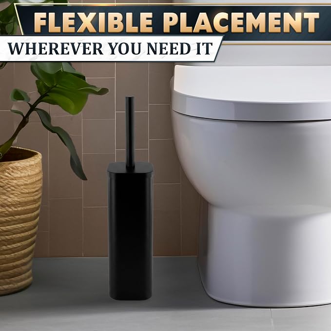 Black Toilet Brush with Square Stainless Steel Holder - Freestanding Toilet Brush and Holder Set Black - Removable Plastic Inner Cup, Splash Guard Cover, Replaceable Head, Corrosion Resistant Finish