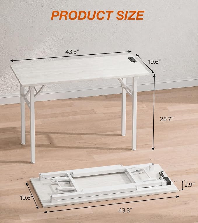 XBurmo Small Folding Desk Folding Table, No Assembly Foldable Desk Gaming Desk, 43.3-Inch Computer Table Workstation with 2 AC Outlets and 2 USB Ports for Bedroom and Home Office, White Ash