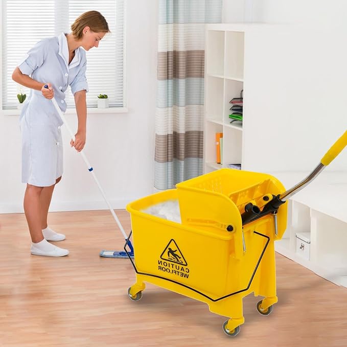 Commercial Mop Bucket on Wheels,Mop Bucket & Side Wringer Combo, Janitorial Cart Spring Wringer on Wheels Mop and Bucket with Wringer Set for Home & Industrial for Home Office Cleaning (1)