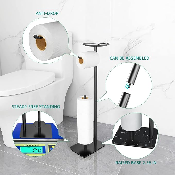 FEILERN Toilet Paper Holder Stand for Bathroom Floor Standing Toilet Roll Dispenser Storages 4 Reserve Rolls, with Top Storage Shelf for Cell Phones, Wipe, Wallet and More(Black)