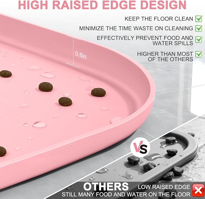 SMILOOL Waterproof Silicone Pet Food Mat with Raised Edge for Dog & Cat | 24" x 16" Non-Slip Pet Feeding Mats with Lip for Food & Water Bowl, Food Grade, Easy Cleaning, Sakura Pink