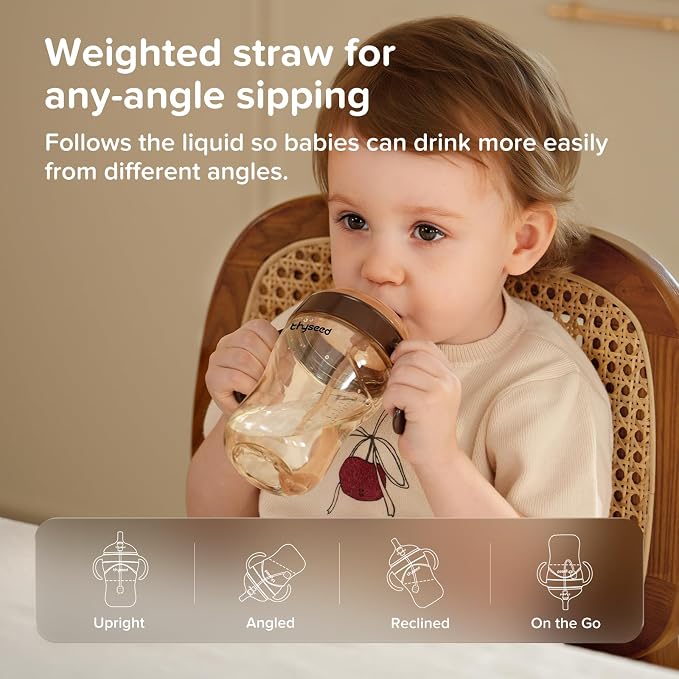 Thyseed Spill-Proof Weighted Straw Sippy Cup, Baby Transition Trainer, Soft Silicone Spout, BPA-Free, 6m+, 10 oz, 2 Pack