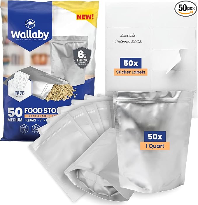 Wallaby 50 Count 1-Quart Gusset Mylar Bags with Labels, 12 Mil Total Thickness Long-Term Food Storage Pouches, 10x7 Stand-Up Zipper Heat-Sealable Airtight Packaging - Silver