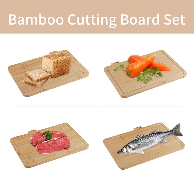 4 Piece Bamboo Cutting Boards with Food Icons & Stand, 14.56"L x 11"W | Thick & Durable, Deep Juice Groove, Non Toxic Real Wood, knife-friendly, Chopping Boards Set of 4 with Sturdy Holder
