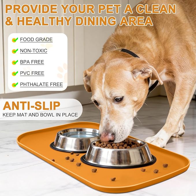 SMILOOL Waterproof Silicone Pet Food Mat with Raised Edge for Dog & Cat | 22" x 14" Non-Slip Pet Feeding Mats with Lip for Food & Water Bowl, Food Grade, Easy Cleaning, Orange