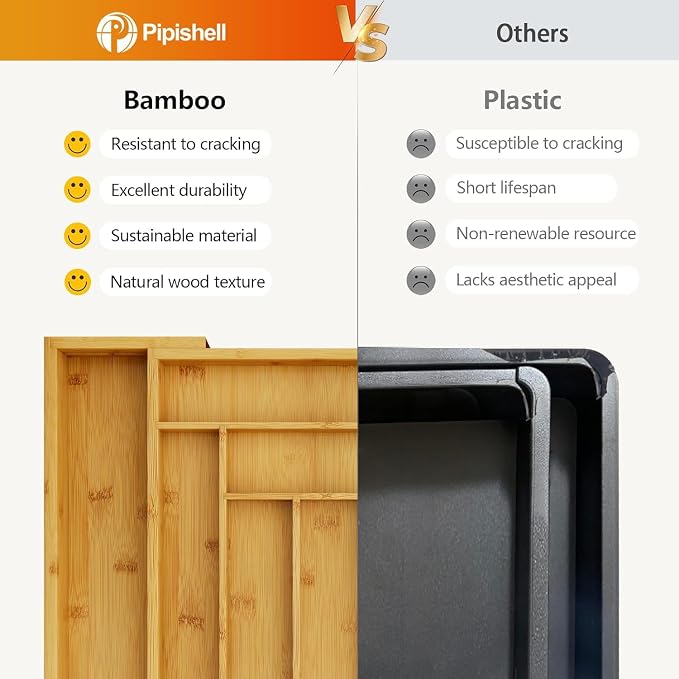 Pipishell Bamboo Expandable Silverware Drawer Organizer, Adjustable Kitchen Utensil Tray for Forks, Spoons and Knives, Wood Storage Cutlery Holder for Bedroom and Living Room