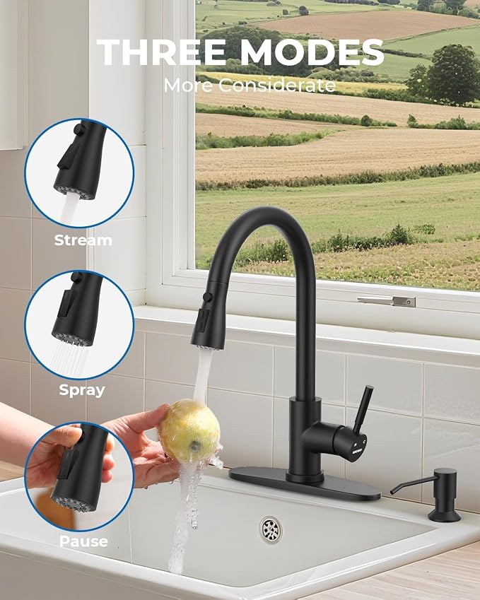 WEWE Touchless Kitchen Sink Faucet with Soap Dispenser, Single Handle Kitchen Faucets with Pull Down Sprayer Smart Motion Sensor Stainless Steel, Matte Black