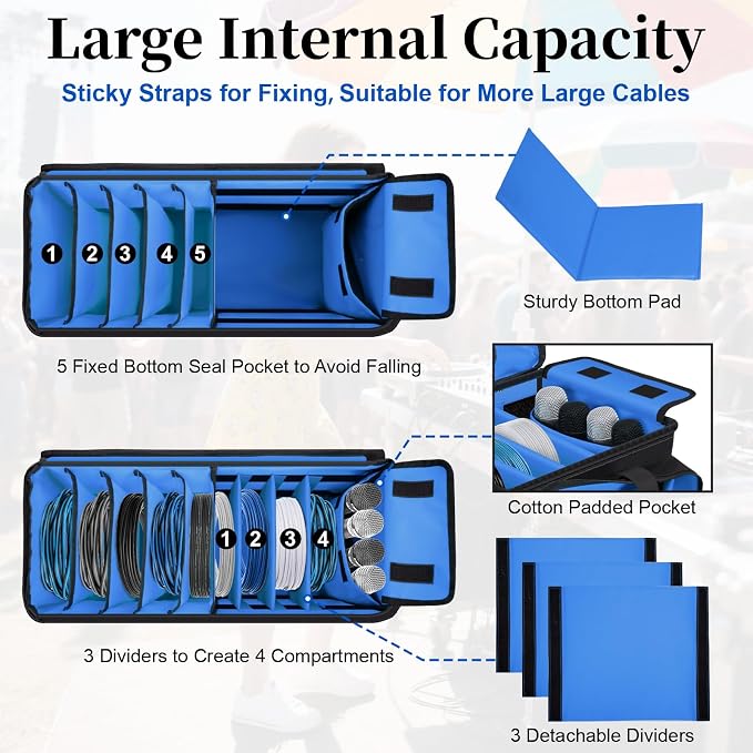 Large Dj Cable Bag with Laptop and Microphone Pocket, Dj Bag for Equipment and Music Accessories with Detachable Dividers, Bottom Pad, Dj Gig Bags for Musicians, Professional, Travel, Blue