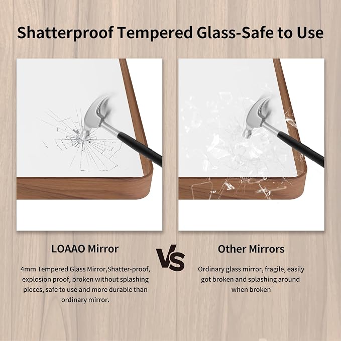 LOAAO 48X36 Inch Bathroom Mirror with Wood Grain Colored Metal Frame, Rounded Rectangle Metal Framed Bathroom Mirror, Anti-Rust, Hangs Horizontally or Vertically, Tempered Glass
