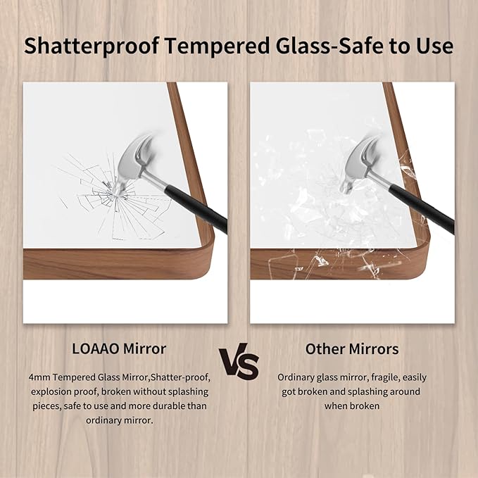 LOAAO 32X36 Inch Bathroom Mirror with Wood Grain Colored Metal Frame, Rounded Rectangle Metal Framed Bathroom Mirror, Anti-Rust, Hangs Horizontally or Vertically, Tempered Glass