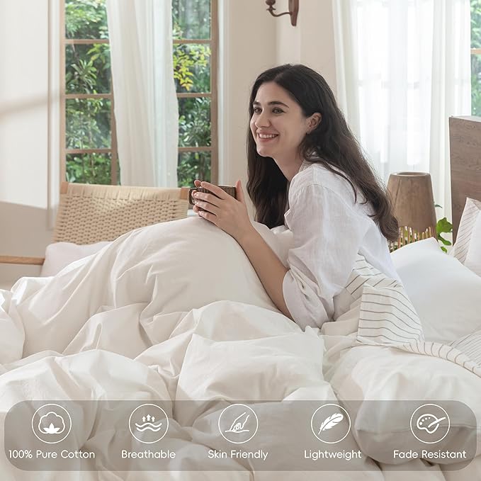 MooMee Bedding Duvet Cover Set 100% Washed Cotton Linen Like Textured Breathable Durable Soft Comfy (Solid Off White, Queen 90"x90") | Relaxed Linen-like Texture. Soft, Breathable & Long-lasting Comfort. Lightweight. Hidden Zipper with 8 Interior Corne...