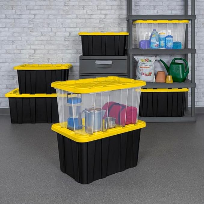 Sterilite 8-Pack 27 Gallon Industrial Storage Tote, Heavy-Duty Plastic Bins, Black/Yellow - Stackable Utility Organizers with Lids for Garage, Camping Tools, and Outdoor Gear