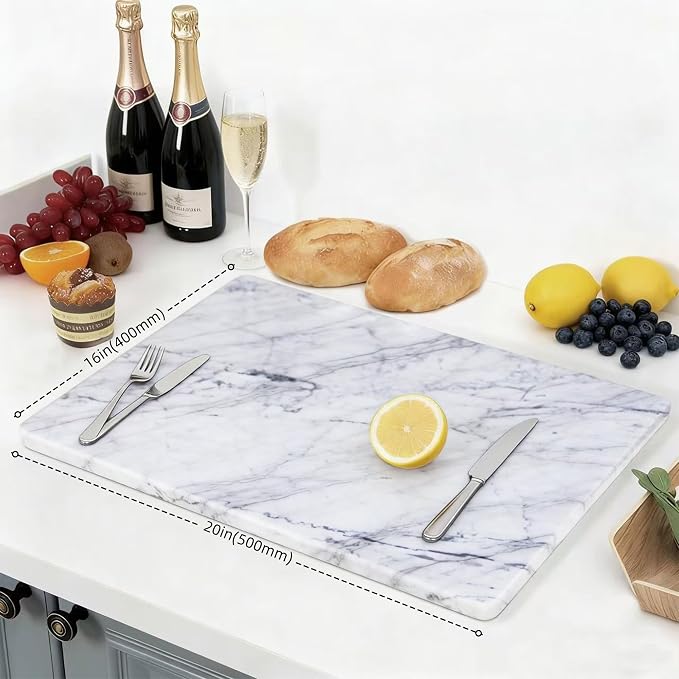 Carrara Marble Cutting Board for Kitchen, 20 x 16 Inch Large Marble Pastry Slab, White Stone Cutting Board for Dough Kneading, Baking, Rolling, Cheese