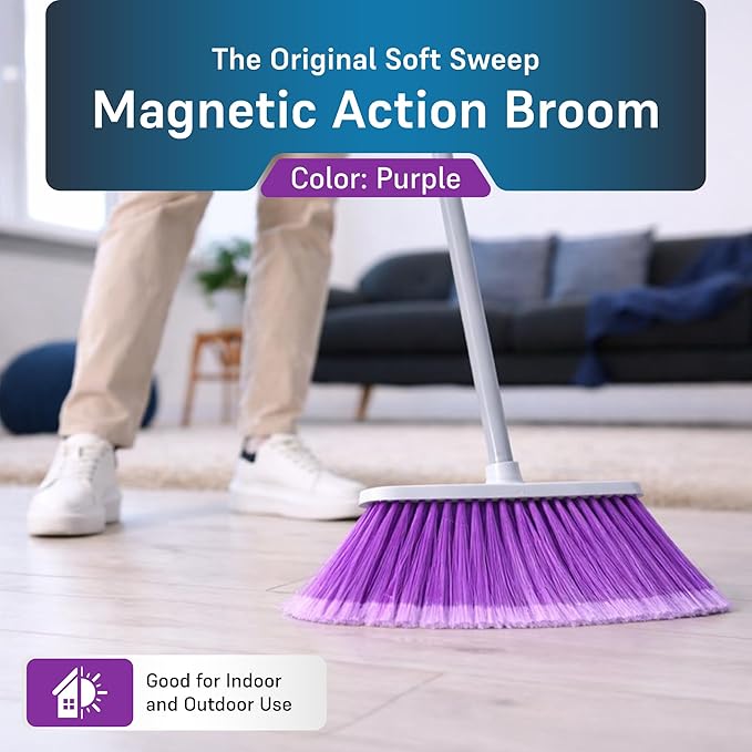 The Original Soft Sweep Magnetic Action Broom (2-Pack, Purple) - Super Lightweight Indoor & Outdoor Sweepers with Soft Flagged Bristles - Non-Scratch Design for Wood, Tile, & Linoleum - Made in USA