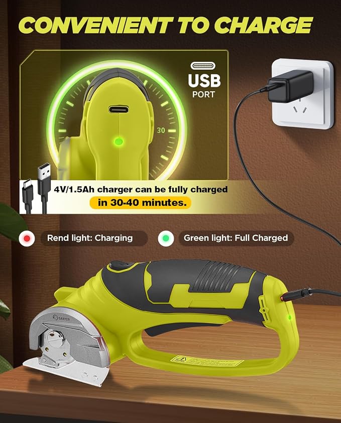 Saker Box Cutter Electric Cordless: Card board Cutter Scissors for Fabric Leather Paper Plastic - Cardboard Cutting Tool with 4V Recharged Battery - Safety Lock and LED Light for Cutting,Green