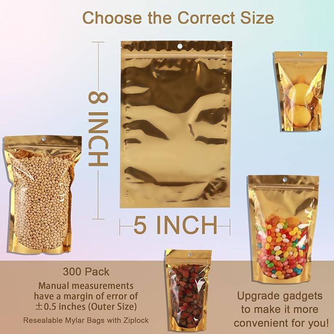 300 Pcs Mylar Bags for Food Storage 5x8 Mylar Bag with Window Stand Up Small Resealable Bags Smell Proof Bag Food Packaging for Small Business Freeze Dried Candy Jewelry Foil Packaging Gold