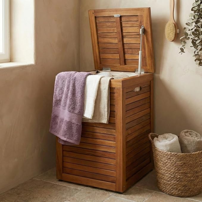 Medium Teak Laundry Hamper, or Indoor Outdoor Storage Bin | Durable, Water-Resistant Teak Construction, Indoor & Outdoor Use