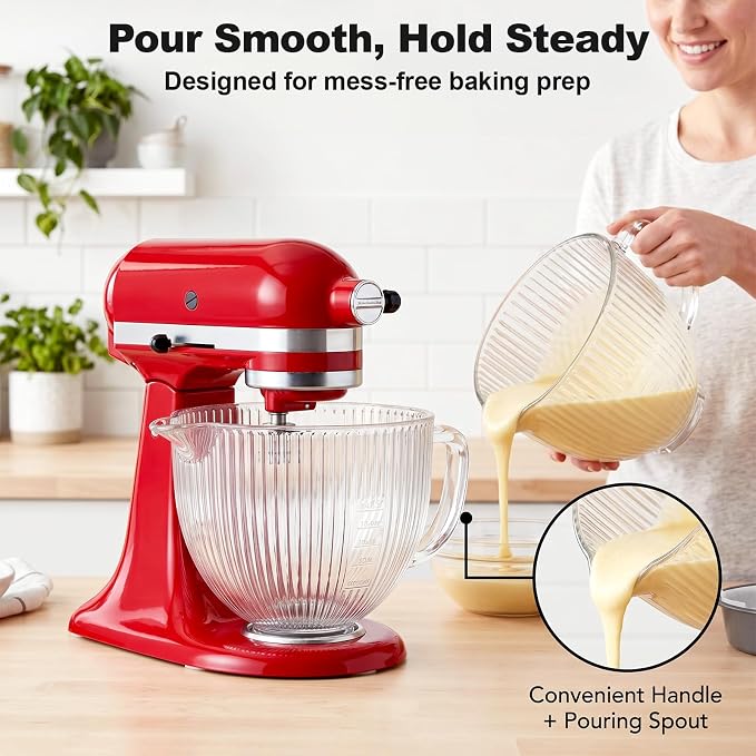 Glass Mixing Bowl for KitchenAid, Fits 4.5-5 Quart Tilt-Head Stand Mixers | 5 Qt Kitchen Aid Glass Mixer Bowl with Handle, Pour Spout & Measurement Markings by Focollk