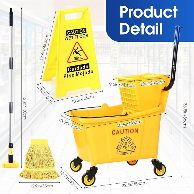Maxdot 35 Quart Commercial Mop Bucket with Side Press Wringer on Wheels Yellow Industrial Mop and Bucket Set with Caution Sign for Floor Cleaning