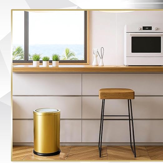 Maxdot 2 Pcs 2.4 Gallon/9 L Gold Bathroom Trash Can with Flip Lid and Toilet Brush Set, Small Luxury Stainless Steel Garbage Trash Can Wastebasket Bin for Home Office Hotel Bathroom Bedroom Kitchen