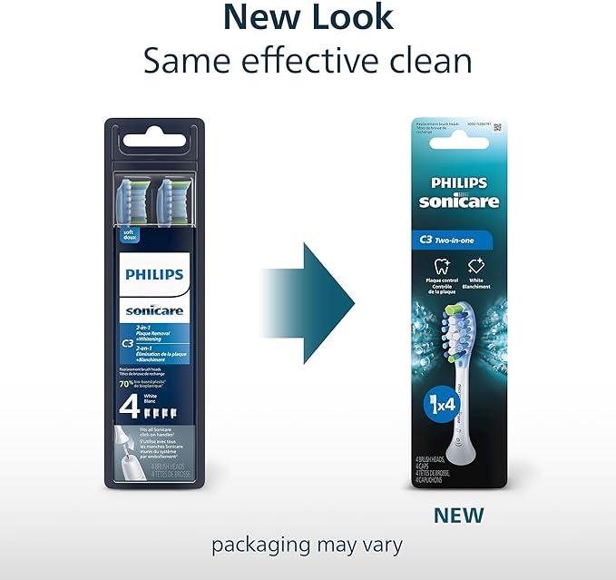 Philips Sonicare C3 Two-in-One - Genuine Replacement Electric Toothbrush Heads, White, 4 Pack One Year Supply, HX9044/65
