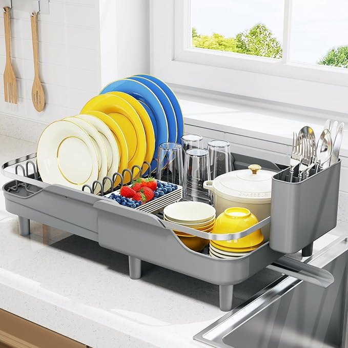 Urackify Expandable Dish Drying Rack for Kitchen Counter,16.2-23.7in,Grey | Adjustable Capacity, Countertop-Stay-Dry Drainboard, Heavy-Duty Steel, Stable Plate Rack, Spave Saving for Apartment,RV,Dorms