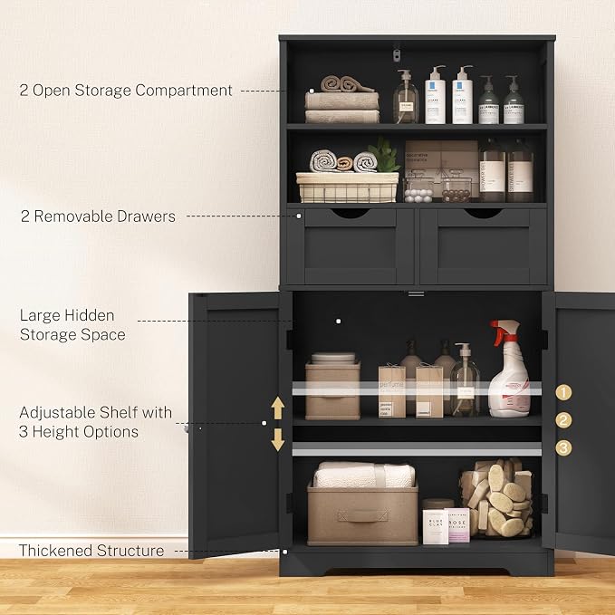 Iwell Tall Storage Cabinet, Black Storage Cabinet & Adjustable Shelves, Bathroom Cabinet for Living Room, Dining Room, Entryway, Black