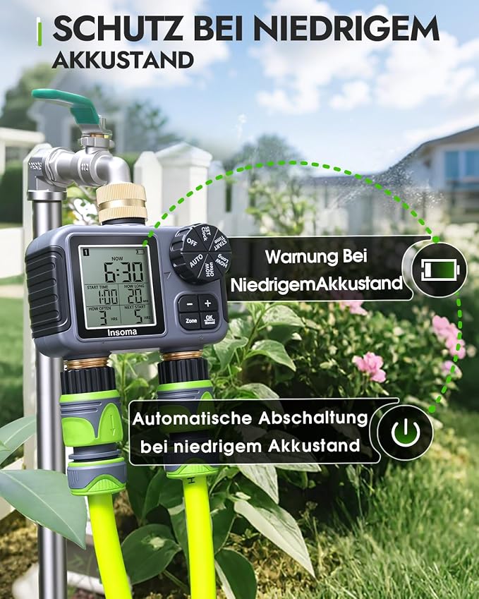 Insoma 2-Zone Sprinkler Timer Brass Inlet/Outlet, Water Hose Timer with Auto/Manual Modes + Rain Delay | Big LCD Dispay | Hose Timers for Garden, Yard Lawn, IPX5 Waterproof & Save Water