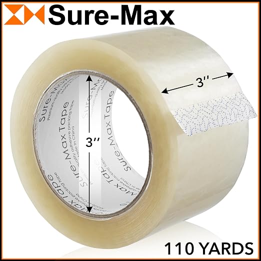 Sure-Max 6 Rolls Extra-Wide Shipping & Packing Tape (3" x 110 yard/330' Each) - Moving & Adhesive Carton Sealing - 2.0mil Clear
