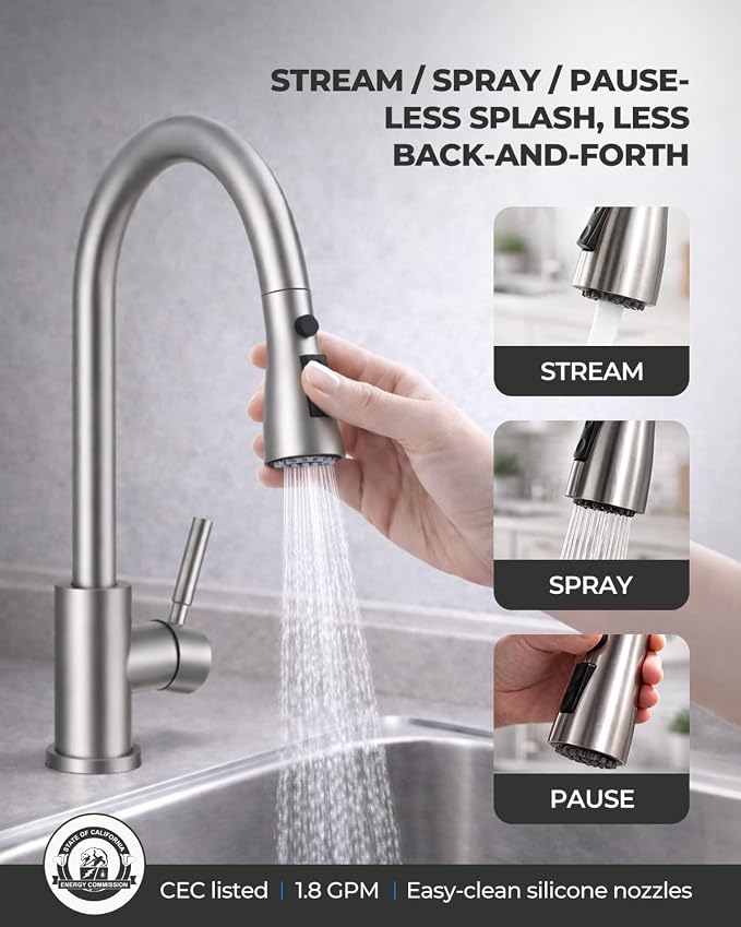 WEWE Pull-Down Kitchen Sink Faucet, 3-Mode Spray, 1-Hole, Brushed Nickel | Stream & Spray & Pause Modes, 20" Pull Down Hose, SUS304 Stainless Steel, 500k Cycle Ceramic Cartridge, Tool-Free Twist-Lock
