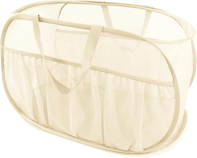 Collapsible Laundry Baskets, Upgrade Pop Up Laundry Hamper with Convenient Bags, Foldable Laundry Basket Mesh Light Weight, Easy to Carry Clothes Hampers for Laundry, Dorm, Toys, Travel Beige