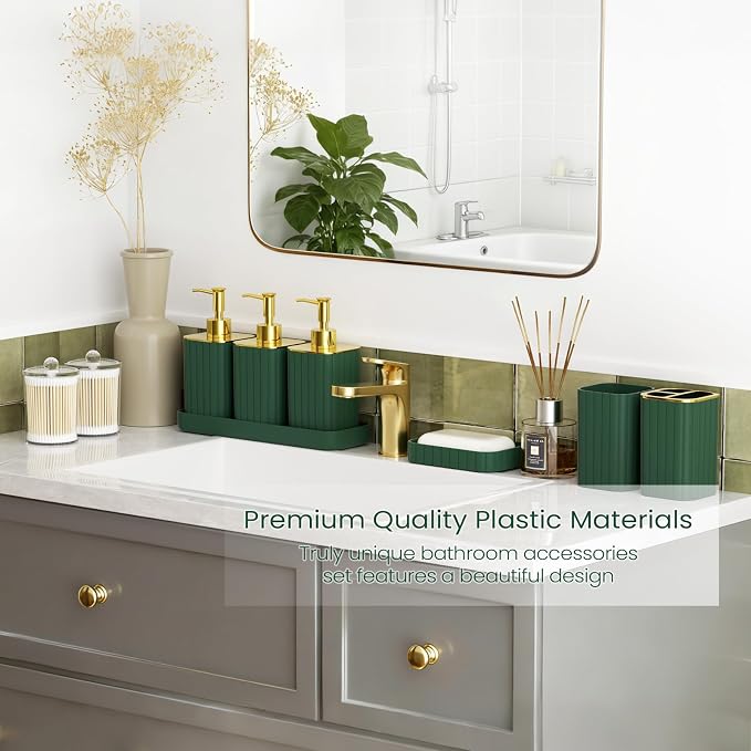 Bathroom Set - Bathroom Accessory Set, Dark Green Bathroom Set, 26PC Bathroom Sets with Shower Curtain and Rugs, Toilet Brush, Trash Can, Qtip Holder & Bathroom Soap Dispenser Set