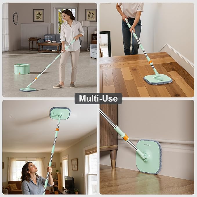 HoMettler Mop and Bucket Set | Spin Mop with Dual-Tank Clean/Dirty Water Separation | 6 Microfiber Pads for Deep-Cleaning Floors | Versatile Mops Triangular Head for Walls