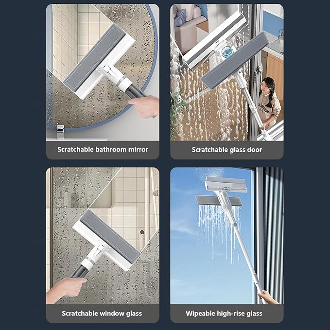 Spray Window Cleaning Squeegee Kit with Sewage Collector and 3 Pads, 4 in 1 Window Washer Squeegee Kit with Extension Pole Window Cleaner Tool for Indoor/Outdoor Windows,Car Glass