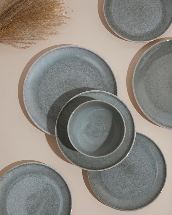 Pokini 16 Piece Double Bowl Dinnerware Sets, Stain Resistant Dish Set with Pasta Bowls, Easy Cleaning Dishes, Multi-Functional Plate and Bowl, Stack Compactly Plate Set, Service for 4