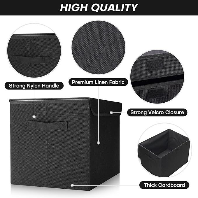 Bagnizer Large 17" 42 Quarts Collapsible Stackable Storage Bins with Lids [3-Pack] Foldable Fabric Linen Storage Boxes Cube, Closet Organizer Baskets with Label (16.7 x 12 x 12, Black)