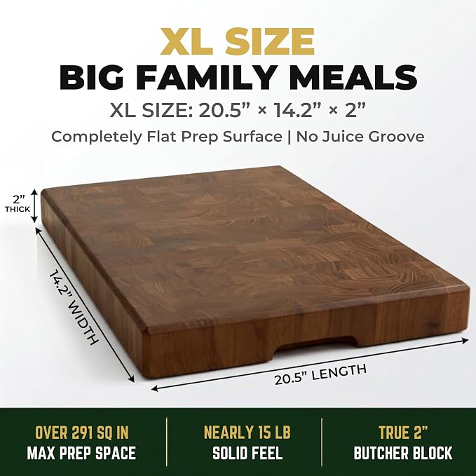 SHUMARU XL End Grain Old East Java Teak Cutting Board 20.5 x 14.2 x 2", Premium Thick Butcher Block, Knife-Friendly Chopping Block, No Juice Groove, Non-Slip Feet, Side Handles