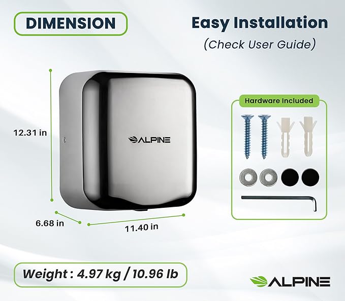 Alpine Industries Hemlock Automatic High Speed Hand Dryer - Heavy Duty Stainless Steel - Commercial High Speed Hot Air Hand Blower | 1800Watts | 110-120Volts | Quick & Easy Installation (Chrome)