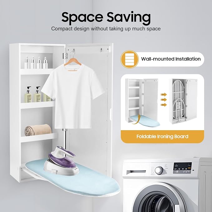 Wall Mounted Ironing Board with Storage Cabinet, Built-in 180° Swivel Foldable Ironing Board and Mirror Door, White Ironing Station Organizer for Home, Apartment, Laundry Room, Small Spaces