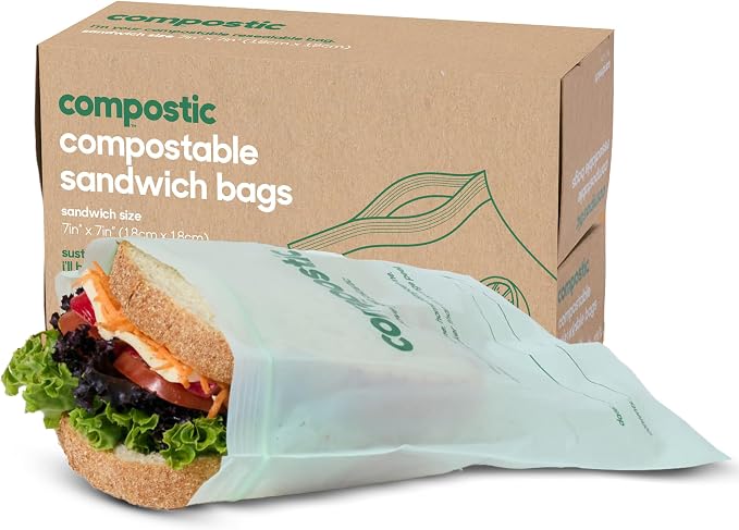 Compostic Compostable XL Sandwich Bags (90 + 10 Count) Everyday Essential — Resealable Zip-Seal, Plant-Based, Home Compostable, Freezer & Microwave Safe, BPA-Free, Non-Toxic, GMO-Free Food Storage Bag