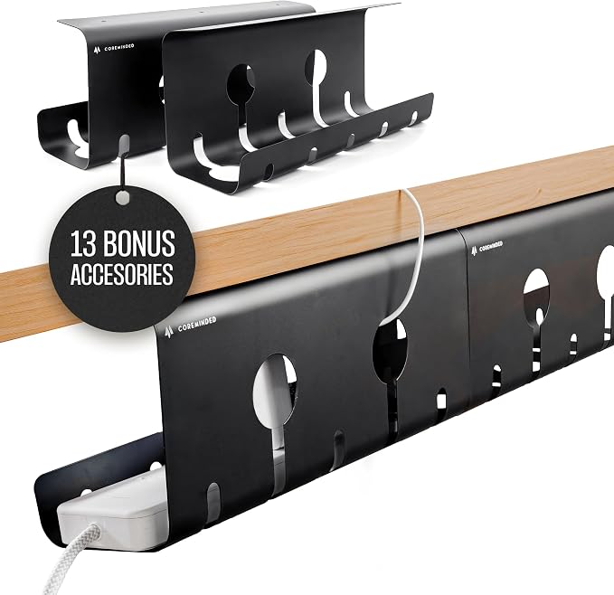 COREMINDED No-Drill Under Desk Cable Management Tray, 2-Pack, Large | Wire & Cord Organizer for Standing Desk or Table, Power Strip Holder, Hides Cables, Home Office Cord Hider, Carbon Steel