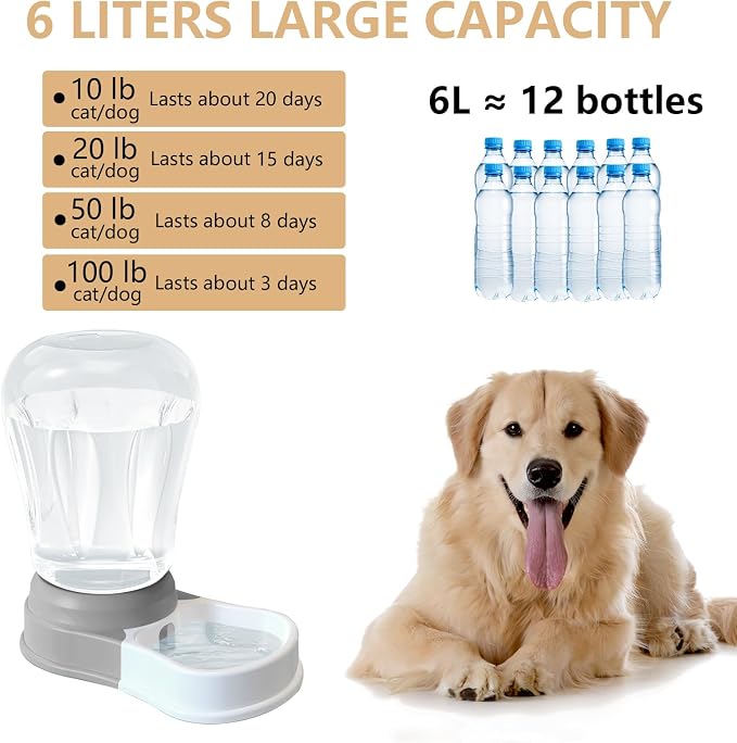 STALTWO 1.6 Gallon Automatic Dog Water Dispenser, Large Capacity Gravity Pet Water Bowl for Multiple Pets, BPA-Free Cat Water Feeder for Large Dogs, Refill Less Often, Grey | Pet Water Dispenser, Large Capacity Water Feeder for Cats and Dogs, Refill Le...