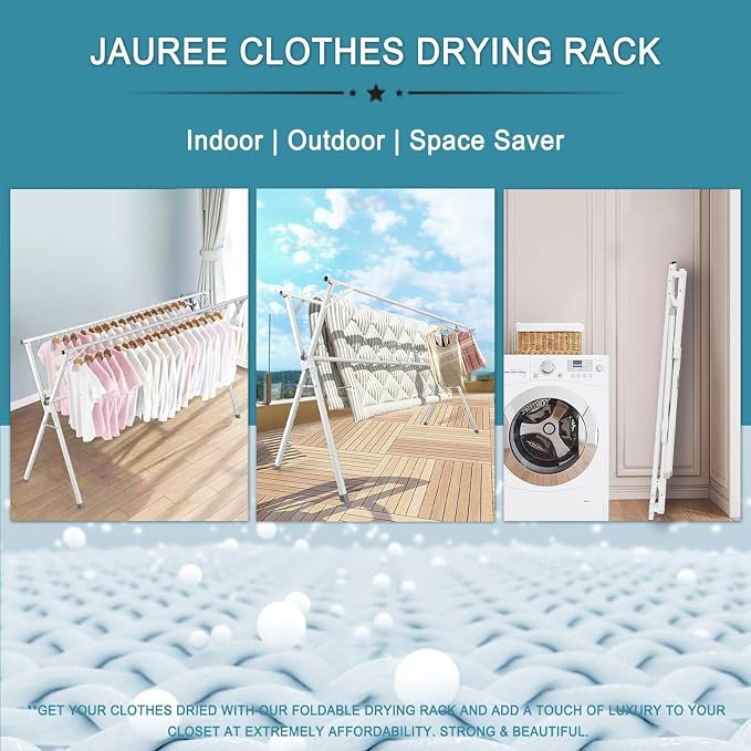 JAUREE 95 Inches Clothes Drying Rack, Drying Rack Clothing Folding Indoor Outdoor, Heavy Duty Stainless Steel Laundry Drying Rack, Foldable Portable Clothes Rack Garment Rack with 20 Hooks White