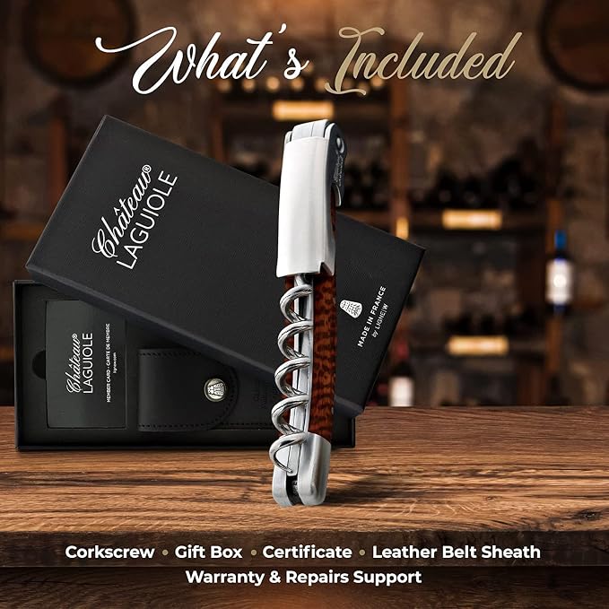 Chateau Laguiole Classic Corkscrew - Snake Wood Luxury Wine Opener - Made in France - Sommelier Wood Handle With Leather Sheath & Gift Box