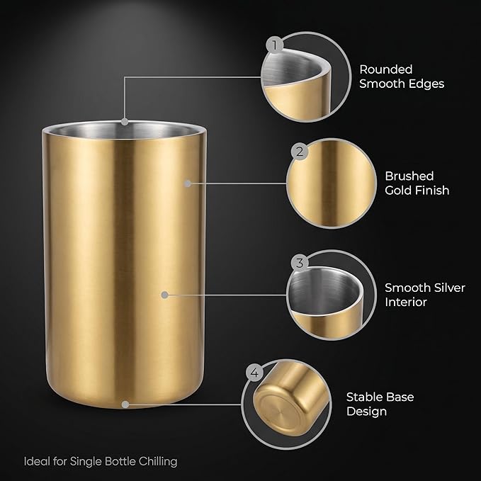 Gold Stainless Steel Wine Chiller Bucket for Bottle 750ml Wine Chiller Champagne Cooler Insulated for Parties Keep Wine & Beverage Cold Bar Cart Accessories