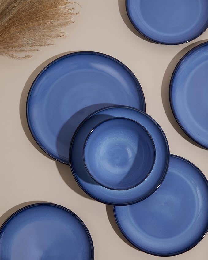 Pokini Blue Stoneware Dinnerware Set, 12 pcs Reactive Glaze Plates and Bowls Sets, Handmade Round Dishes Set for 4, Highly Chip and Crack Resistant Modern Plate Set