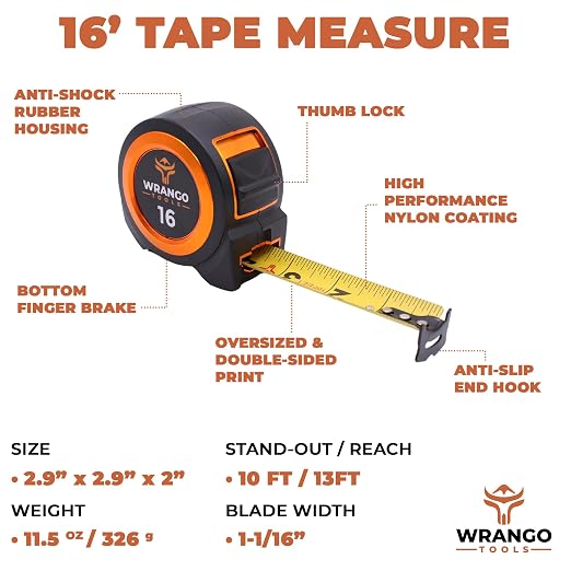 Wrango Tools Tape Measure 16 FT - Measuring Tape Retractable - Oversized & Double-Sided Print - Blade Lock, Finger Brake - High Performance Nylon Coating, 10' Stand-Out - 13' Reach / 1-1/16" Blade