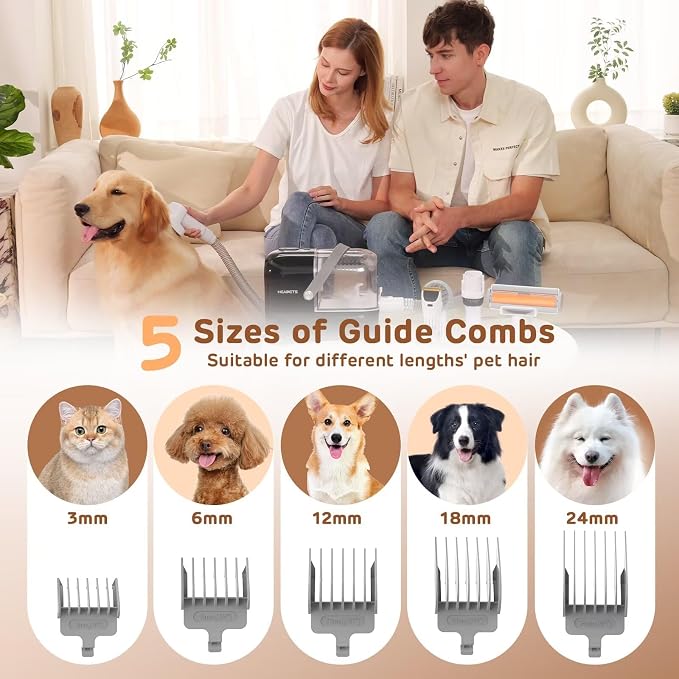 HEAPETS Dog Grooming Vacuum Kit - 3L Vacuum with 7 Tools, Low Noise Electric Clipper and Brush for Pet Shedding at Home, Black